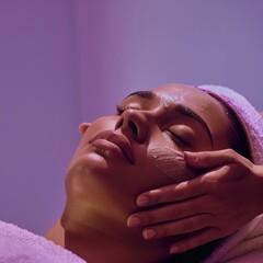 Naklejka premium Serene spa facial treatment with a calm woman in a lavender-lit room. Beautiful skin care pampering session featuring a soothing mask applied on her face. Perfect for wellness and beauty concepts. AI
