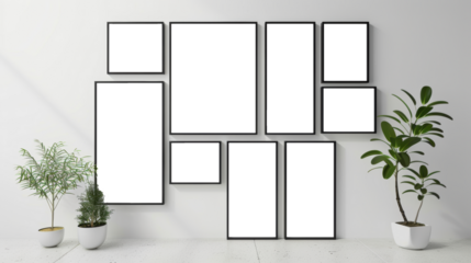 A gallery wall of blank mockup frames of various sized in portrait orientation