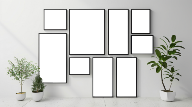 A gallery wall of blank mockup frames of various sized in portrait orientation - Powered by Adobe