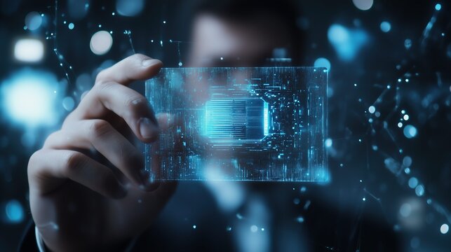 Digital identification or digital ID concept. Accessing databases by digital identity for cyber security. Businessman show digital identification card on virtual screen, photography, Natural light, La