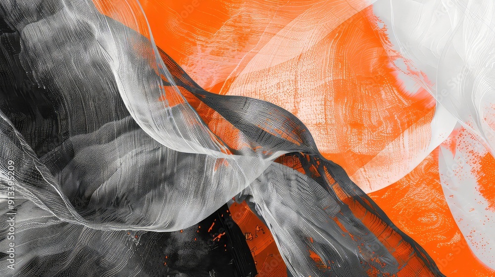 Poster abstract painting with black, white and orange layers with a netted texture.