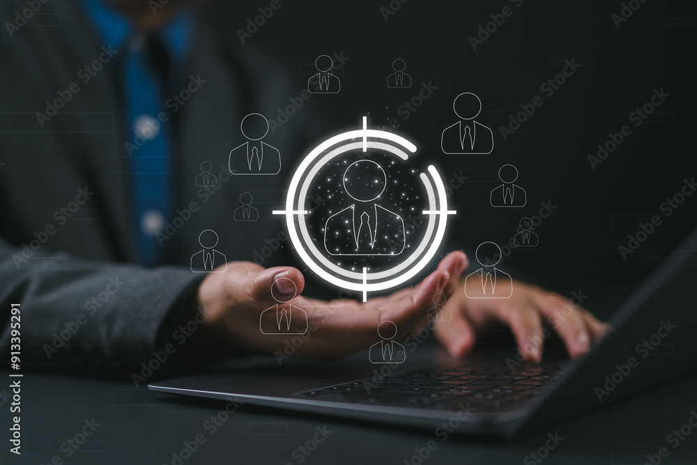 Poster hr, human resources targeting concept in business. businessman use a virtual interface to target a h