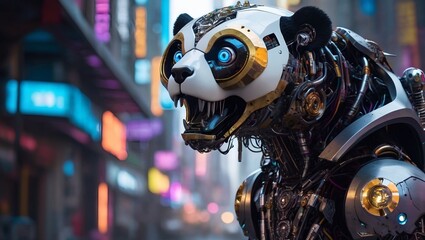 high-definition illustration of a futuristic robotic creature with a distinct panda 