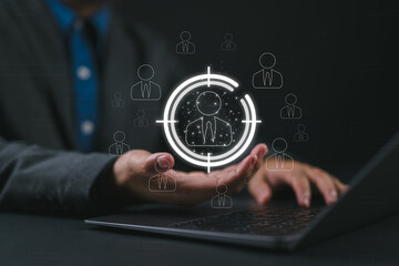 HR, Human Resources Targeting Concept in Business. Businessman use a virtual interface to target a human resource symbol, symbolizing recruitment and team management. Employment headhunting, HRM CRM