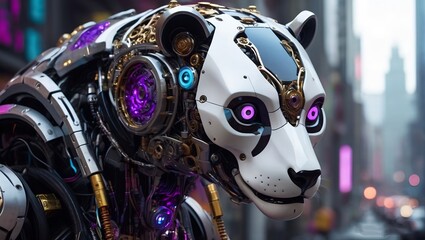 high-definition illustration of a futuristic robotic creature with a distinct panda 