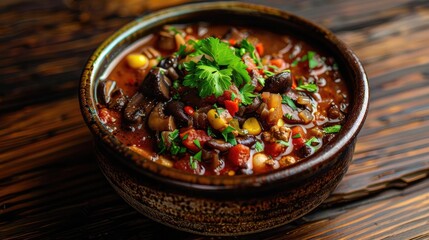 A vibrant bowl of hearty chili featuring beans, spices, and fresh herbs, perfect for a comforting meal or gathering.