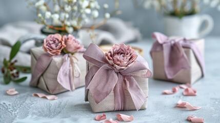 Beautifully wrapped gift boxes decorated with flowers and ribbons, set against a serene, softly lit backdrop