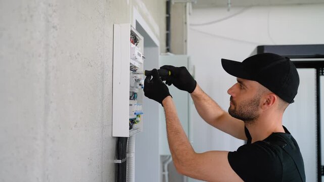 Electrician works in a switchboard with an electrical connecting cable
