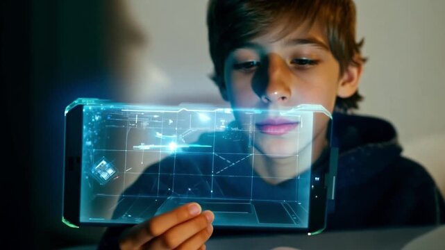 A young boy examines a holographic display that projects interactive visuals in a dimly lit room, showcasing technology and curiosity.