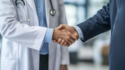 A pharmaceutical sales representative presents new medication to a doctor in a medical building followed by a handshake