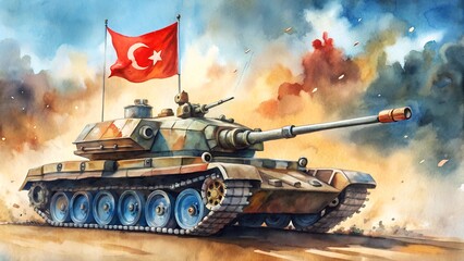 Watercolor illustration for Democracy and National Unity Day in Turkey with tank