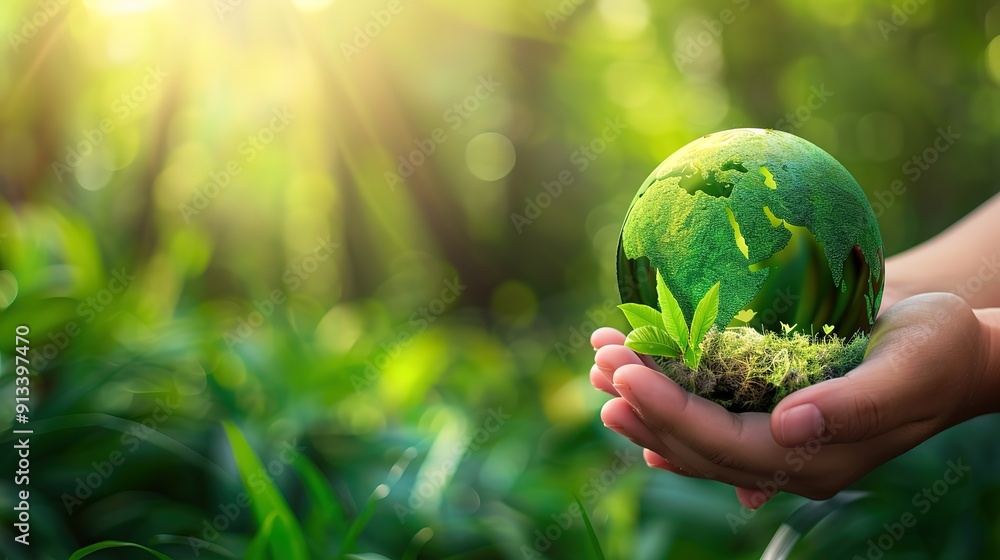 Poster beautiful hands holding a globe with trees and mountains in the background and world environment day