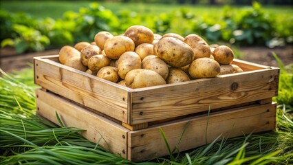 Wooden box filled with freshly harvested organic potatoes, potatoes, agriculture, gardening, vegetables, wooden box, natural