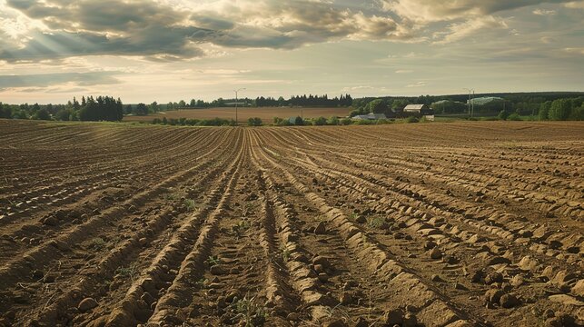 Plowed Large Field in a 19th Century Russian Village: Historical Agricultural Scene with Rustic Charm