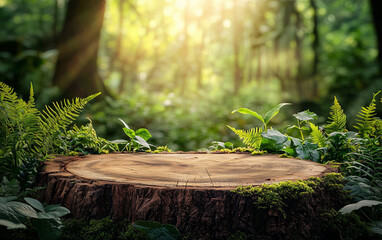 A beautiful wooden podium in the forest with moss and green plants on it, illuminated by sunlight.
