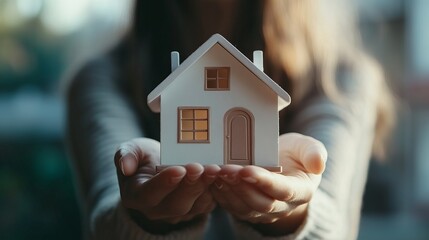 A woman is holding a small house in her hands symbolizing house selling and renting
