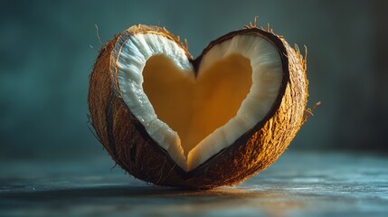 Wide-angle shot, style of high-end commercial photography, A modern, minimalist hero image showcasing a clean coconut cut into 2 halves that form the heart, The lighting is natural, overall atmosphere