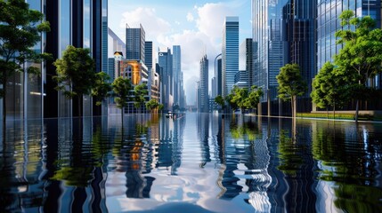 Fototapeta premium Stunning cityscape with modern skyscrapers reflecting in calm water and a touch of greenery under a clear blue sky.