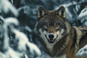 Naklejka premium Portrait of a dire wolf standing alert in the snowy forest, with sharp teeth and focused eyes. High-resolution, detailed textures, crisp focus