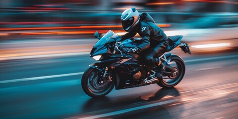 Motorcycle racer speeding past with neon lights streaking in the background