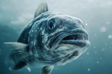Portrait of a prehistoric fish swimming in icy waters, its scales adapted for the cold. High-resolution, detailed textures, crisp focus