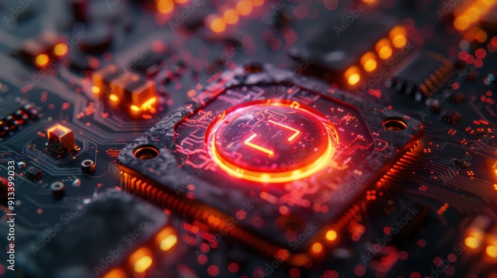 Poster a close-up shot of a glowing red cpu on a circuit board.
