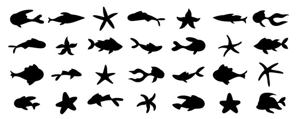 Vector set of black fish and starfish silhouettes on a white background. Perfect for depicting underwater ocean scenes, marine life, aquatic environments, or reef settings.