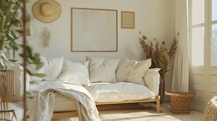 Bohemian Living Room with White Couch and Natural Decor
