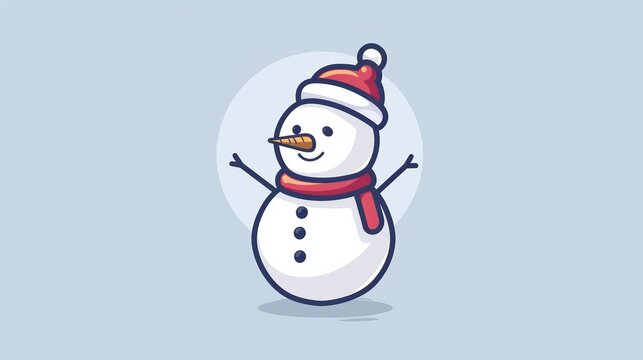 Minimalist 2D vector snowman, wearing hat and scarf, clean and plain design, basic and uncomplicated illustration