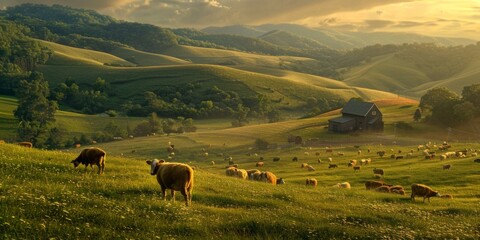 cowherd is eating grass in a large green grass field, with sunlight, farm landscape view