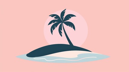 Minimalist 2D vector graphic of a palm tree on an island, clean and simple style, plain and basic design, straightforward lines, pastel colors