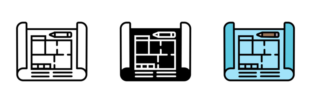 Blueprint Icon, Detailed architectural or engineering design document, providing technical specifications and plans for construction and development.
