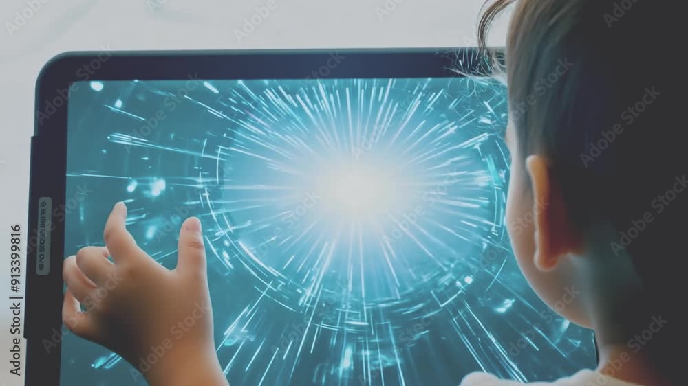 Aufkleber a young child explores a bright interactive digital display, reaching out with curiosity during dayt