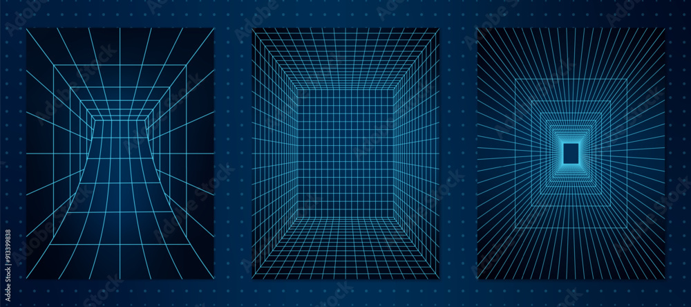 Wall mural a set of three abstract 3d wireframe tunnels positioned on a dotted grid background. the geometric p