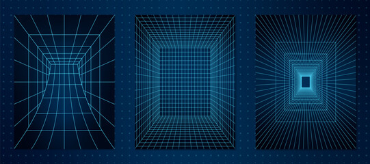 A set of three abstract 3D wireframe tunnels positioned on a dotted grid background. The geometric perspective portal shapes in a retro Y2K aesthetic combined with futuristic digital elements.