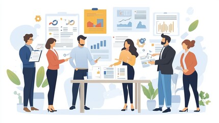 Groups of people point to sales documents during business meetings startup company sales team discussions brainstorming sessions and sales performance summaries emphasizing the sales