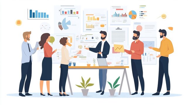 Groups of people point to sales documents during business meetings startup company sales team discussions brainstorming sessions and sales performance summaries emphasizing the sales