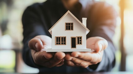 Real estate agents present contracts for buying or renting housing A businessman holds a model of a small building house with property insurance on the table in a home sales office