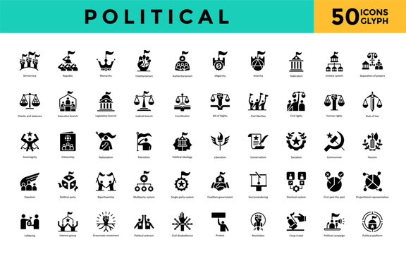 Political icon set with democracy, republic, monarchy, totalitarianism, authoritarianism, oligarchy, anarchy, federalism, unitary system, separation of powers icon. Simple glyph vector 
