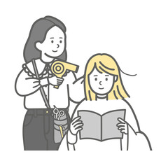 ヘアサロンで雑誌を読みながら美容師に髪を乾かしてもらう女性のイラスト