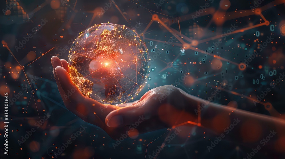 Aufkleber a hand holding a glowing orb representing the earth with lines connecting various points on the glob
