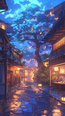 Fototapeta premium Enchanting Anime-Inspired Rainy Night Cityscape: Atmospheric 4K Digital Wallpaper Blending Japanese Animation Style with Fantasy RPG Aesthetics. Immersive Concept Art for Book Illustrations, Video Gam