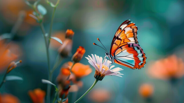 Colourful butterflies on flowers. AI generative.