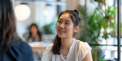 Obraz premium An image capturing an Asian young woman engaged in a friendly conversation with a coworker in a bright and open office space, with a casual yet professional vibe.