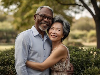 Fototapeta premium Portrait of a couple of black man from Africa and white woman from Asia, individuals of different races