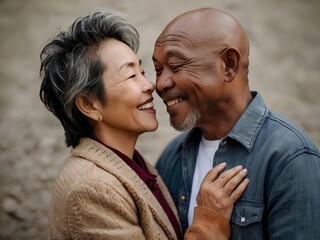 Fototapeta premium Portrait of a couple of black man from Africa and white woman from Asia, individuals of different races