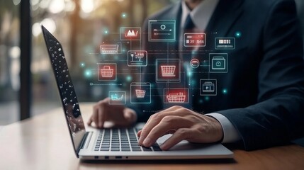 The business ecommerce concept features a businessman using a laptop with online shopping icons for internet shopping online purchases ecommerce stores online business and shopping on