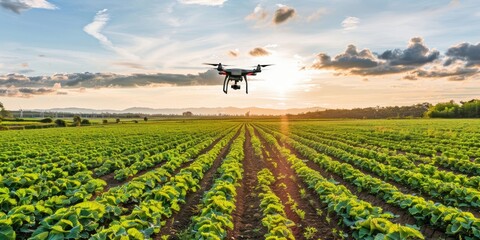 Drones and AI technology monitoring crops in a field.