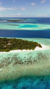 Aerial drone view of the Bikini Beach in Thinadhoo island, Maldives