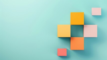 Colorful geometric shapes arranged creatively on a soft blue background, perfect for modern design concepts.